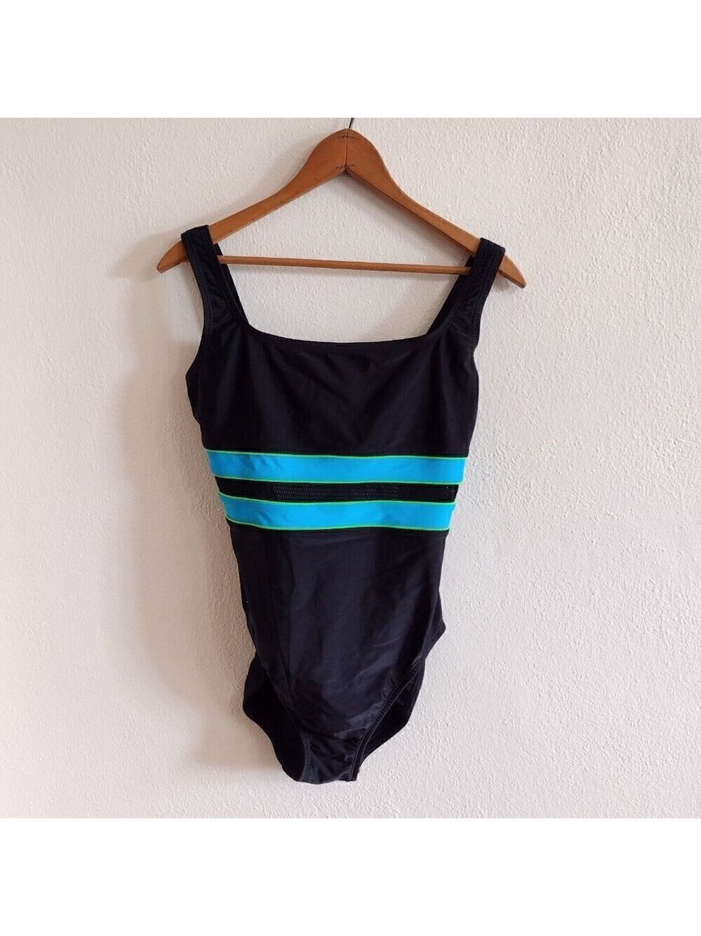 Vintage 90s Speedo One Piece Black Swimsuit Mesh Stripe Built In Bra Size 10